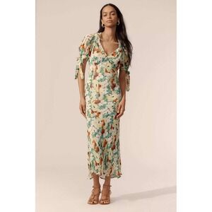 Anthropologie Floral V-Neck Puff Sleeve Tie Midi Dress Green Yellow XL OB2167126